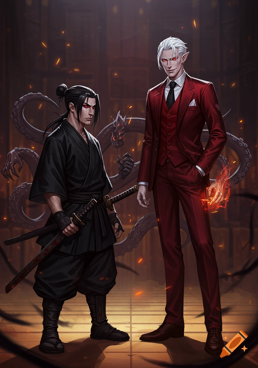 Two anime-style male characters. One in a black kimono with a katana and tentacles, the other in a red suit with white hair and a fiery aura, stand in a dark, dramatic setting.
