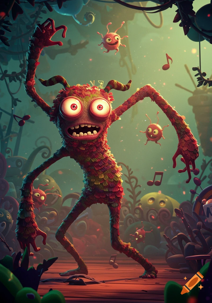 A cartoonish red and green monster with large eyes dances among smaller creatures and musical notes in a fantastical, dimly lit environment.