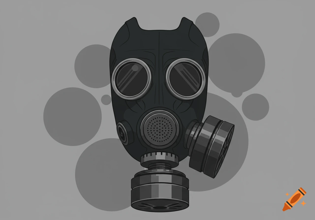 A monochrome illustration of a black gas mask against a gray background with faded circles.