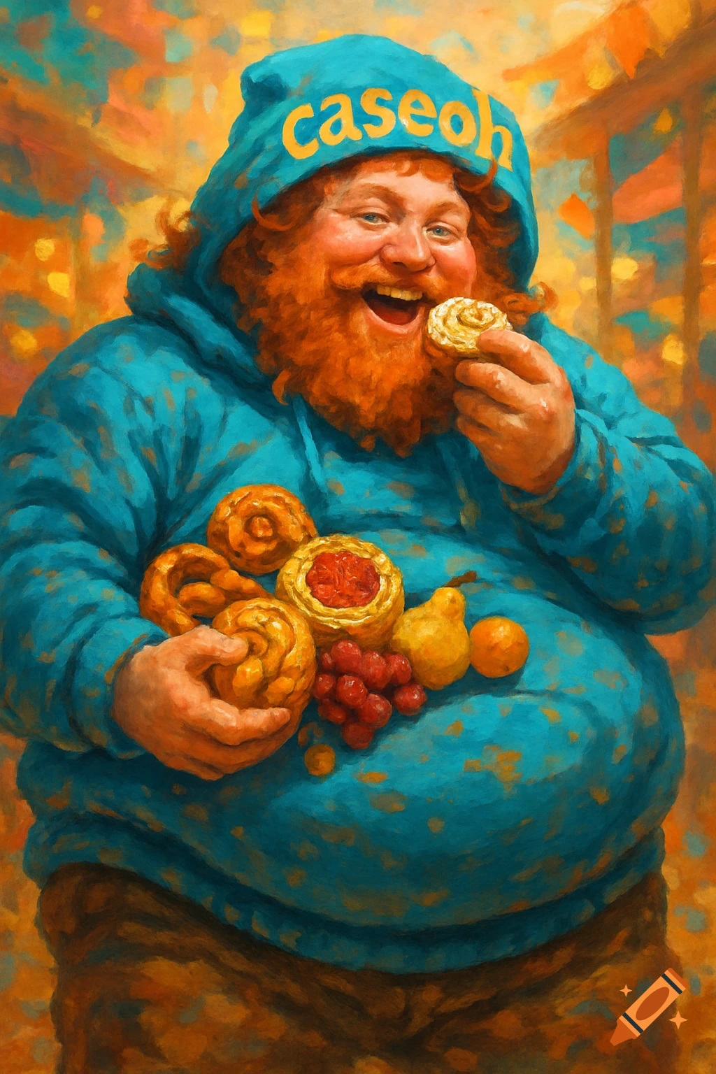 A smiling, heavyset ginger man with a beard wears a blue 'caseoh' hoodie, eating a pastry and holding more food in a painterly style.