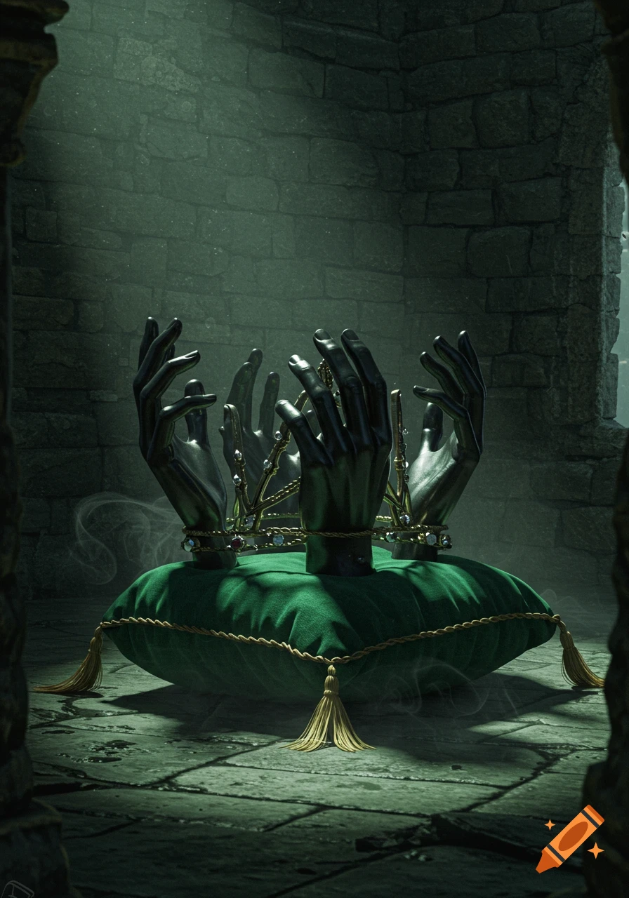 A crown made of black metal hands sits on a green velvet pillow in a dark stone room with light filtering from above.