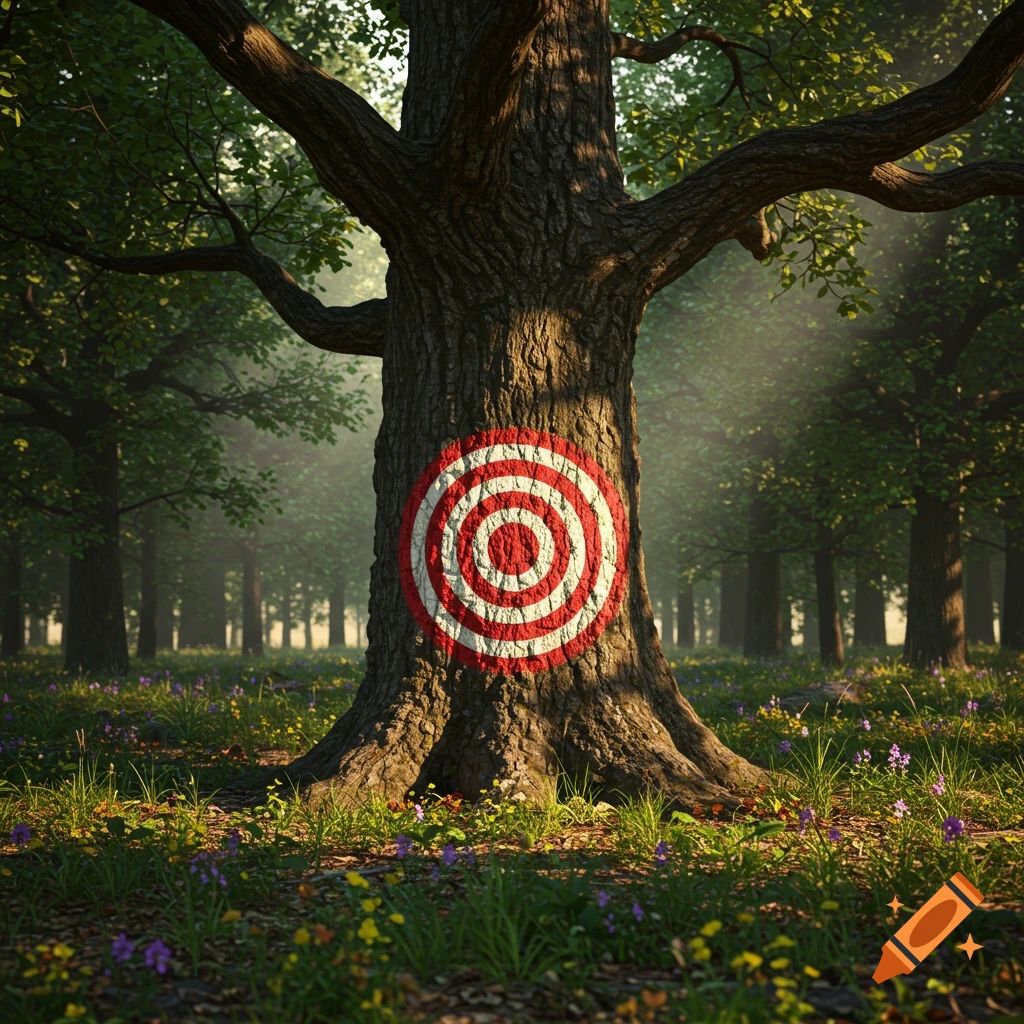 A photorealistic red and white target painted on the trunk of a large tree in a sunlit forest.