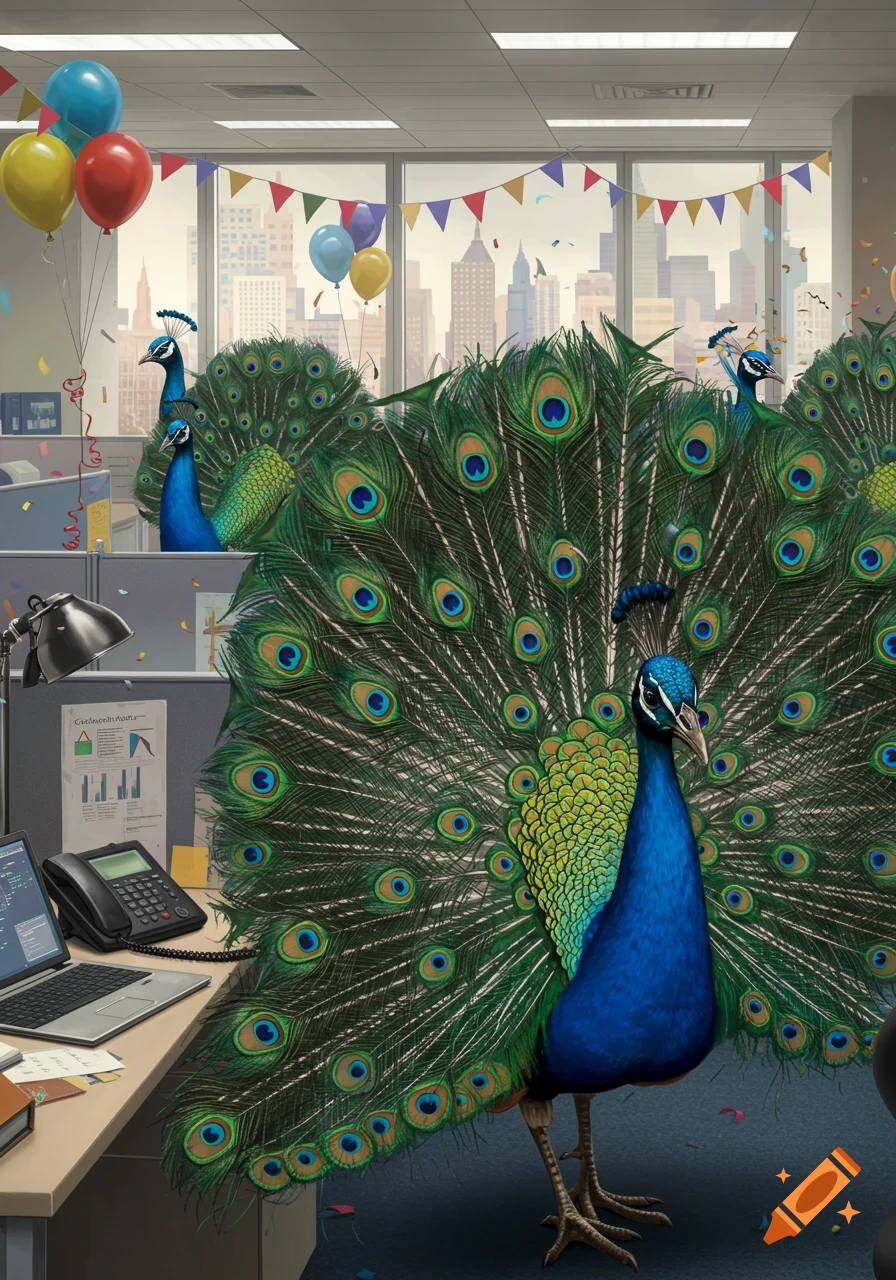 Photorealistic image of several peacocks, some with fanned tails, in a decorated office with balloons, confetti, and a city skyline outside the windows.