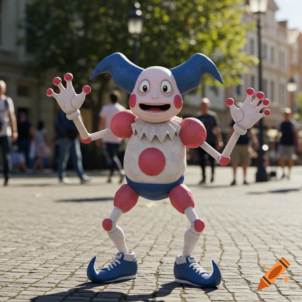 Photorealistic Mr. Mime from Pokemon standing on a cobblestone street in a bustling city.