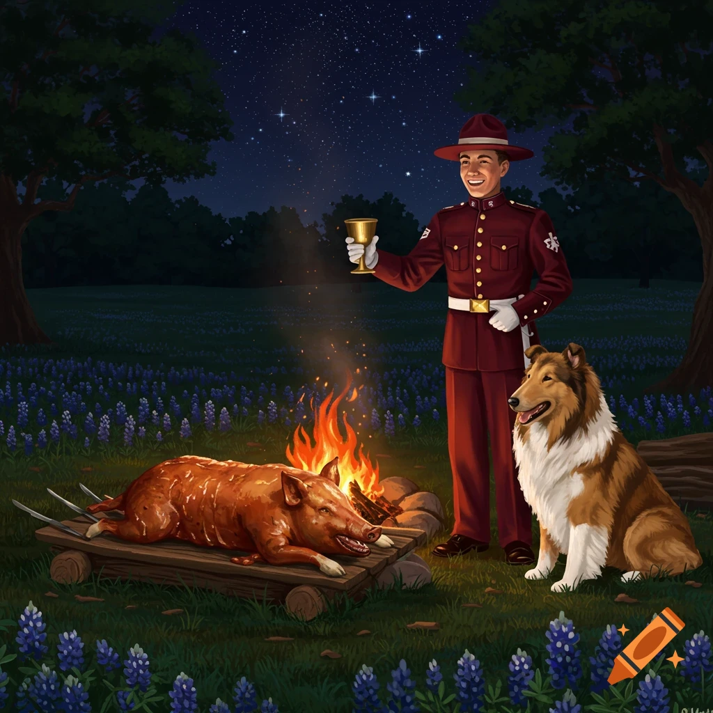 An illustrated scene of a Texas A&M cadet toasting a roasted pig over a campfire at night, with a Collie dog beside him in a field of bluebonnets.