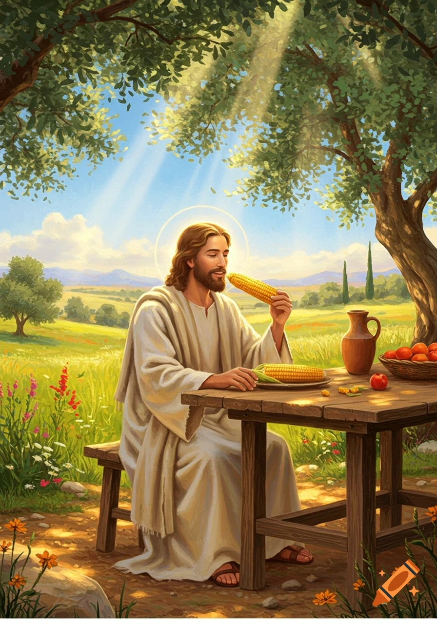 Jesus sits at a wooden table outdoors, eating corn on the cob under a sun-dappled tree in a vibrant green landscape.