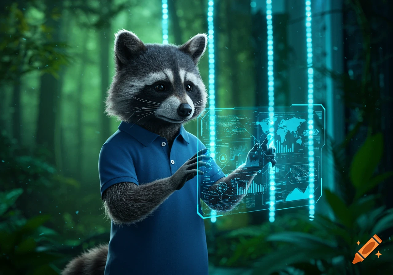 A photorealistic raccoon in a blue polo shirt interacts with a glowing blue holographic interface in a lush green forest.