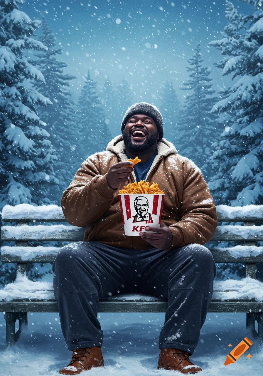 A laughing man in a winter coat eats KFC fries while sitting on a snowy bench in a snowy forest.