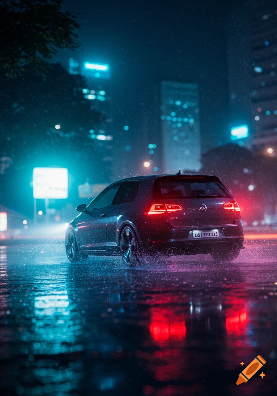 A black Golf GTI on a rainy city street at night, with reflections on the wet asphalt.