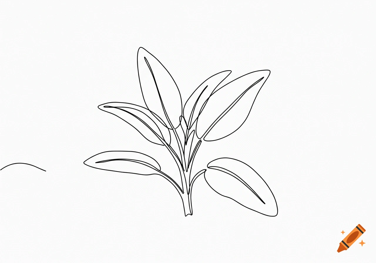 A simple black continuous line drawing of a sage plant on a white background.