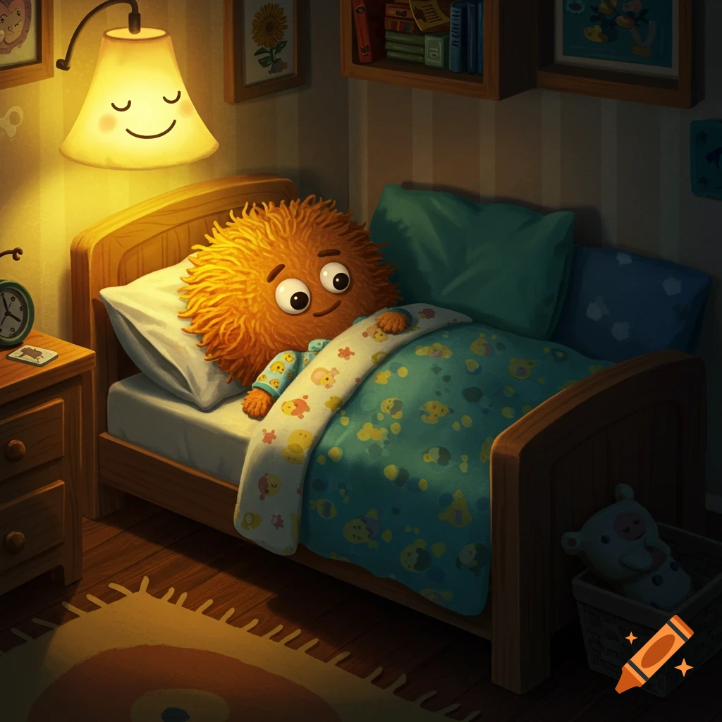 A fluffy orange creature with large eyes is tucked into bed under a teal blanket in a cozy bedroom, with a smiling lamp overhead.