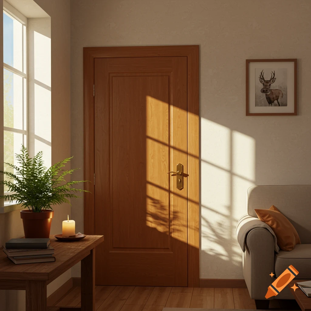 A warm, sunlit interior with a wooden door, a window with bright light, a potted fern plant, and a burning candle on a side table. A framed deer picture hangs on the wall.