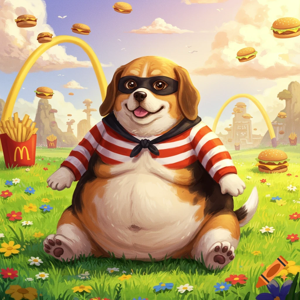 A pudgy beagle in a hamburglar costume sits in a flower field with floating burgers and McDonald's fries containers in a cartoon style.