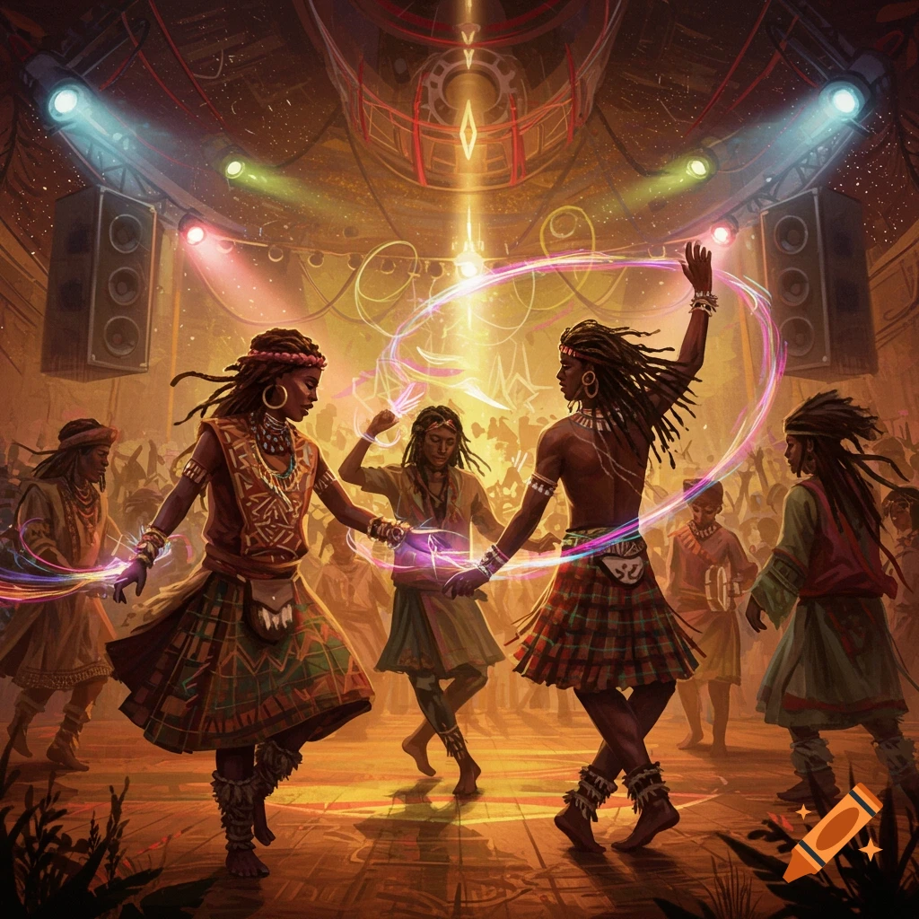 People with dreadlocks and traditional clothing dance under vibrant lights with glowing trails at a lively cultural celebration.
