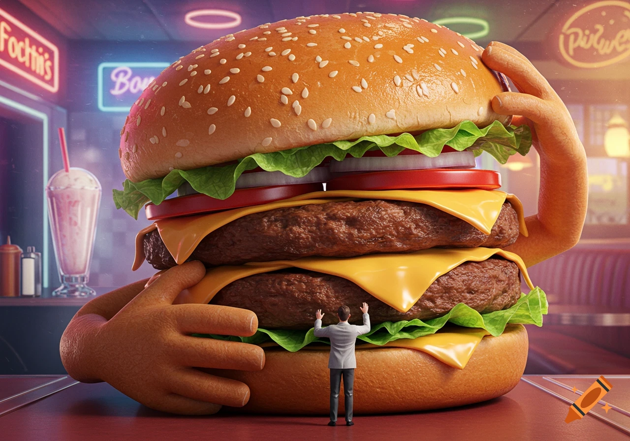 A giant, anthropomorphic hamburger with arms holding a tiny man in a retro diner setting.