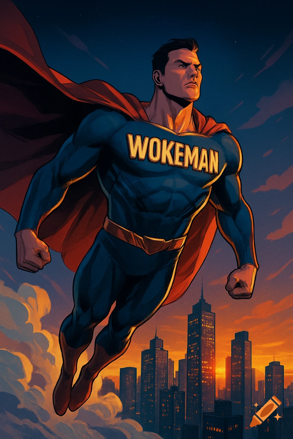 A superhero in a blue suit and red cape flies above a city skyline at sunset in a comic book art style.