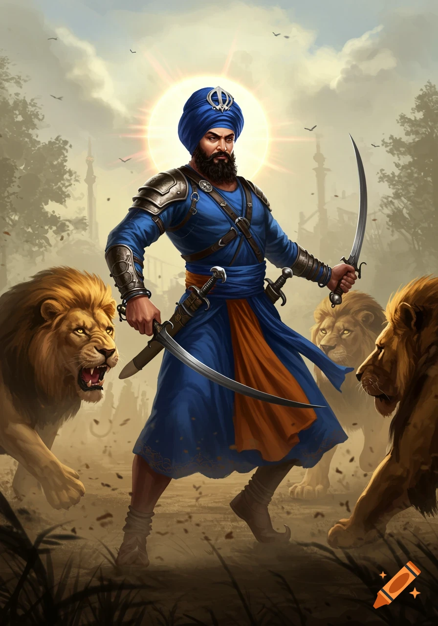 A fierce Sikh warrior in blue Khalsa bana and armor, holding two kirpans, stands surrounded by three roaring lions under a radiant sun.