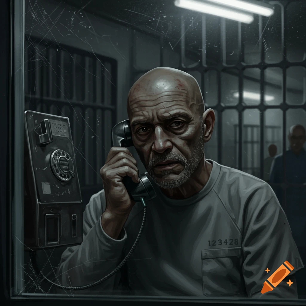 Close-up portrait of a somber inmate talking on a payphone through a scratched window in a dimly lit prison.