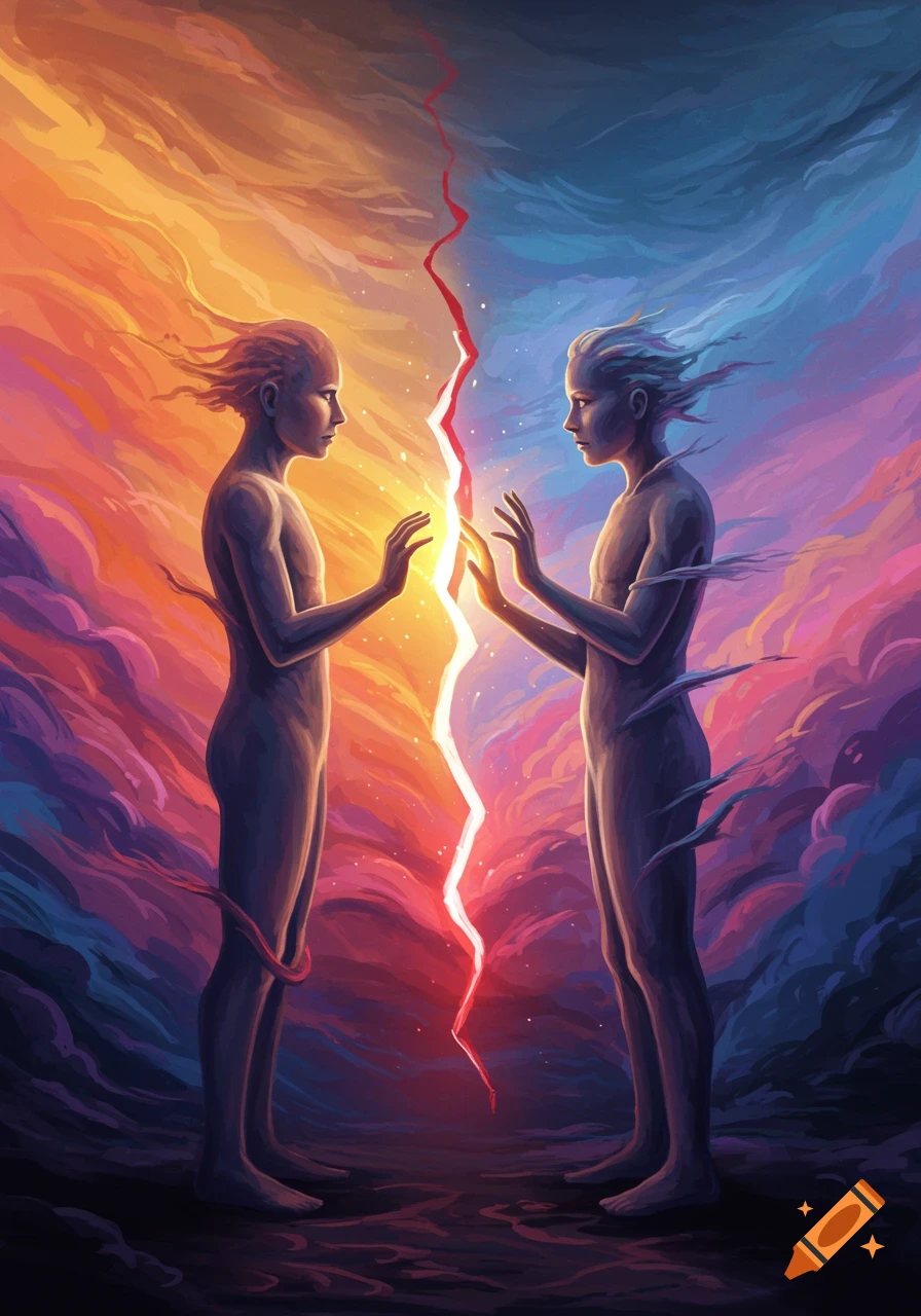 Two stylized nude figures face each other, separated by a glowing red crack, set against a vibrant orange and blue abstract background.