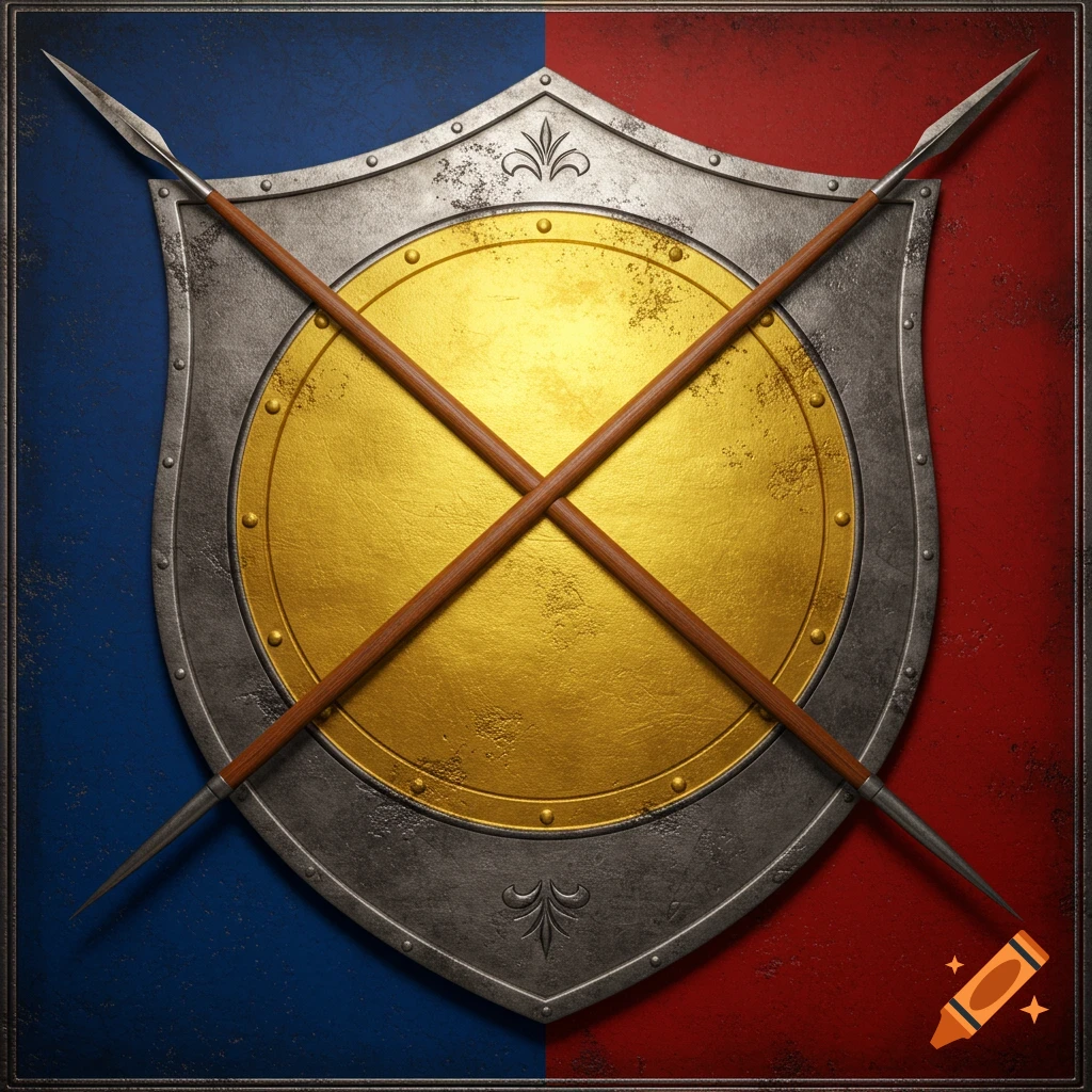 A medieval heraldry shield with a golden circle and two crossed lances on a background split red and blue.