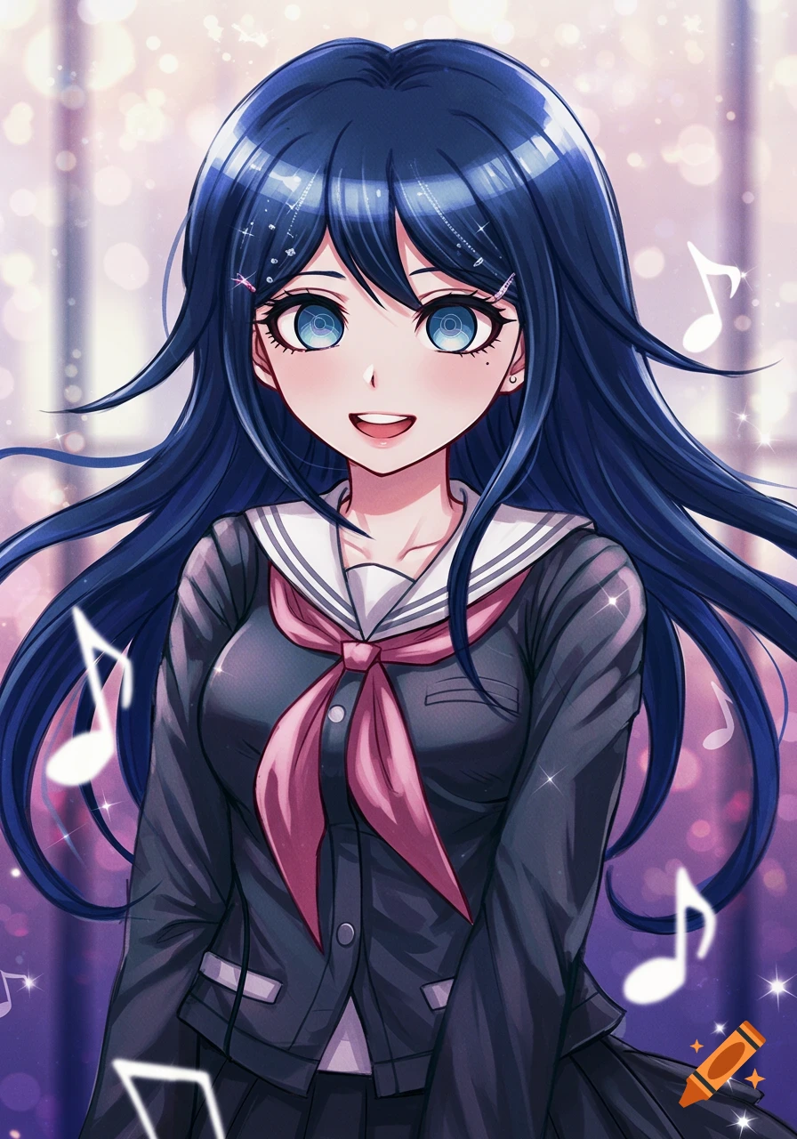 A smiling anime girl with long dark blue hair and blue eyes wears a school uniform with a pink tie, surrounded by musical notes.