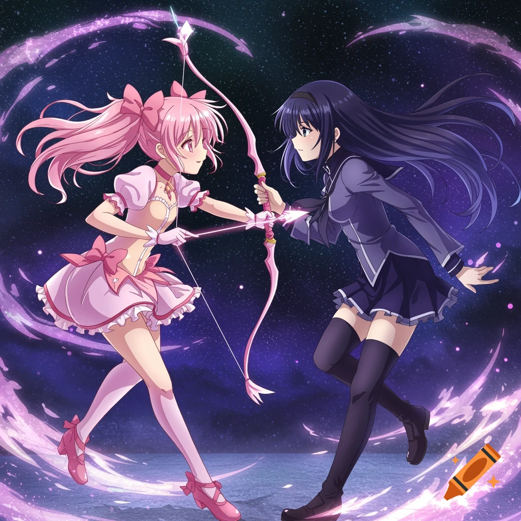 Anime magical girls Madoka and Homura in combat, Madoka with a pink bow and Homura with a dark outfit, against a starry, purple cosmic background.