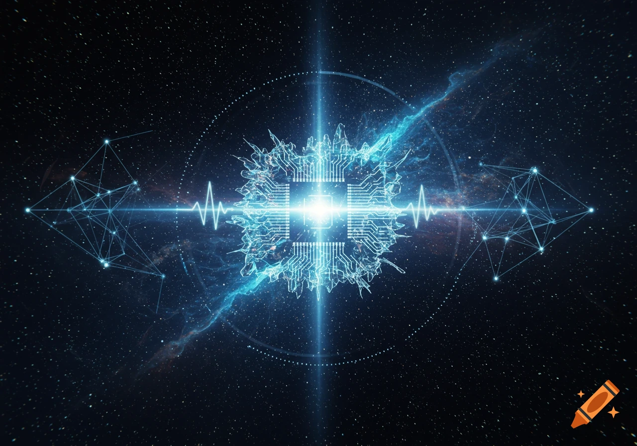 A glowing central circuit board structure with pulsating energy and geometric connections against a starry dark space background.