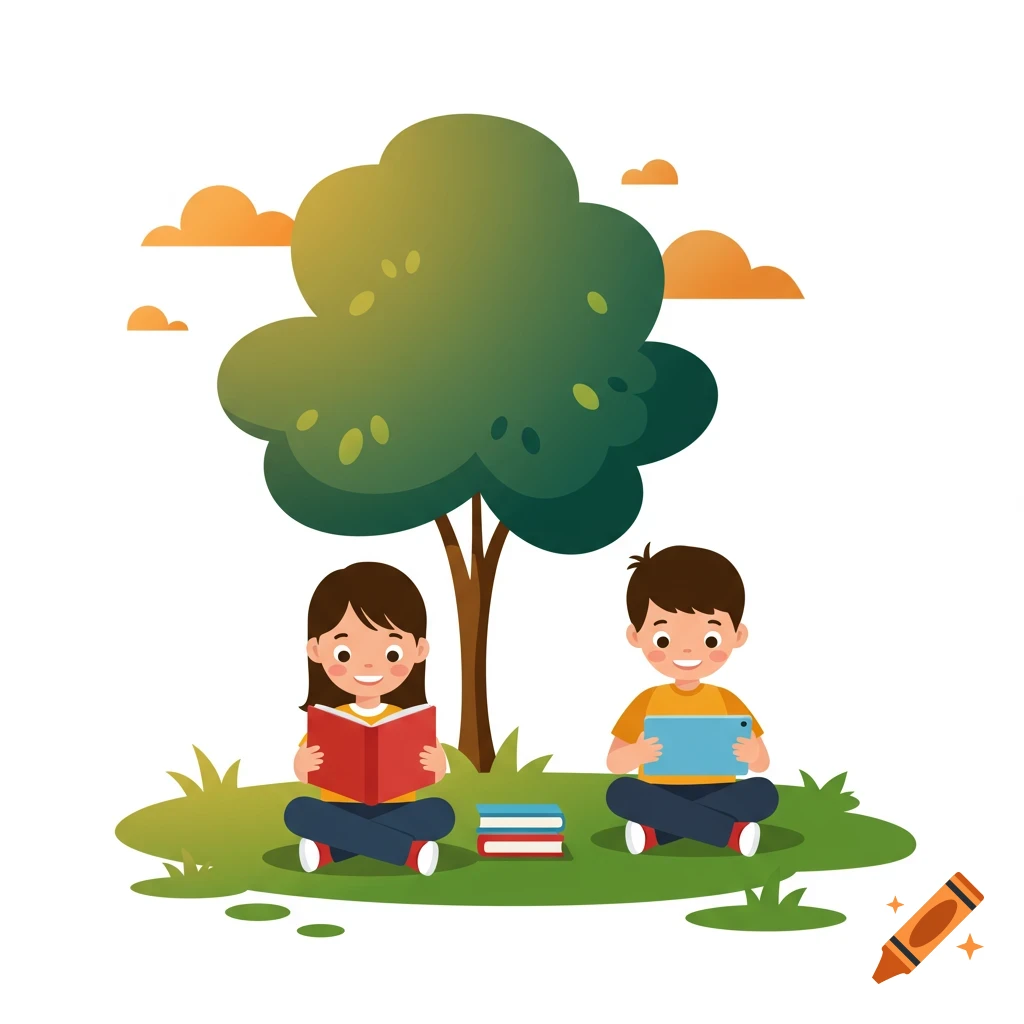 An illustration of a boy and girl sitting on grass under a tree, reading books.