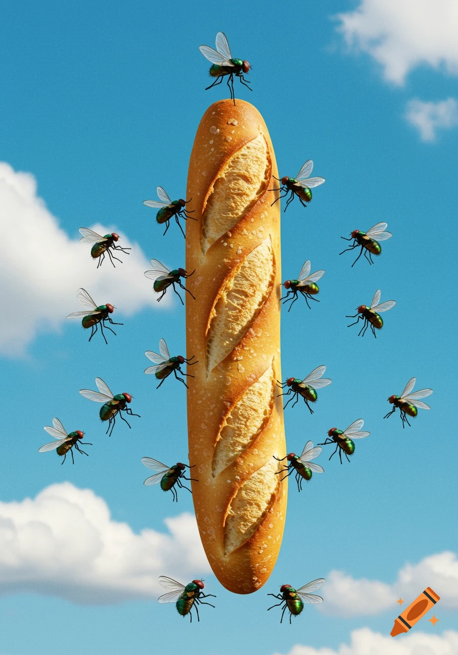 A photorealistic image of a baguette floating vertically in a blue sky with white clouds, surrounded by many green flies.