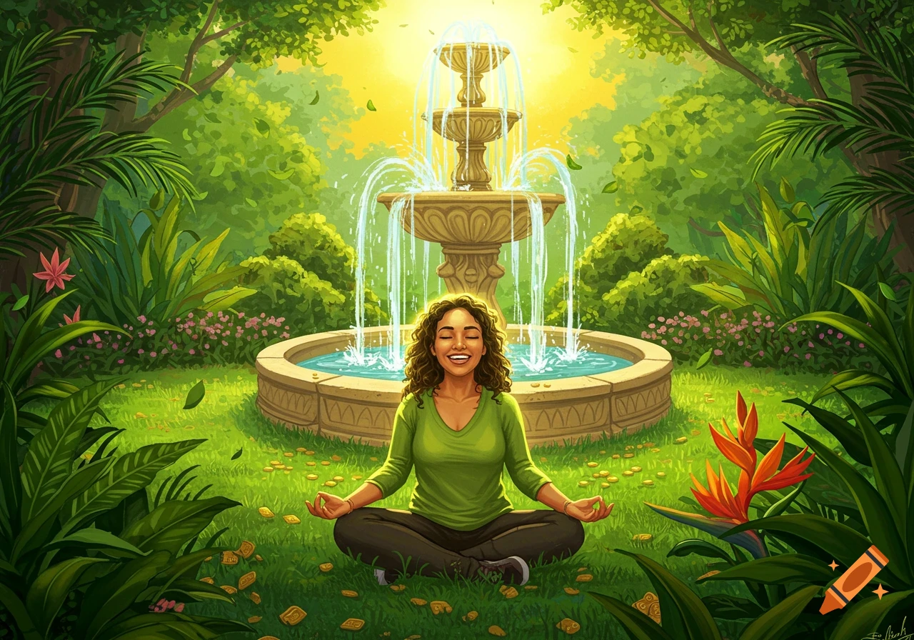 A happy woman with curly hair meditates in a lush green garden with a tiered stone fountain and sunlight.
