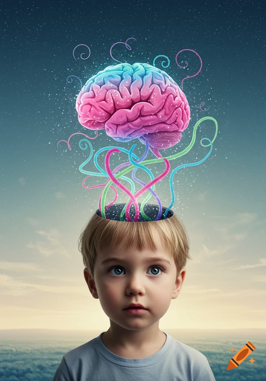 A child with a vibrant, colorful brain floating above their head, connected by glowing tendrils, against a surreal sky.