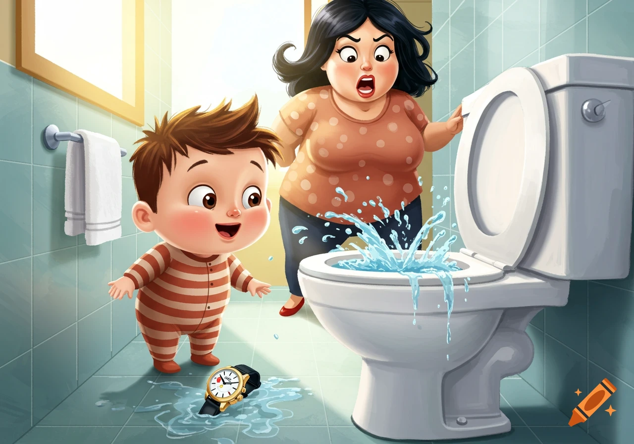 A cartoon illustration shows a shocked mother watching water splash from a toilet after her toddler flushed her watch down it.