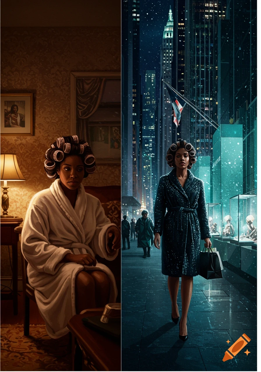 A diptych showing a Black woman at home in a bathrobe and curlers, and then walking confidently in a city at night wearing a coat.