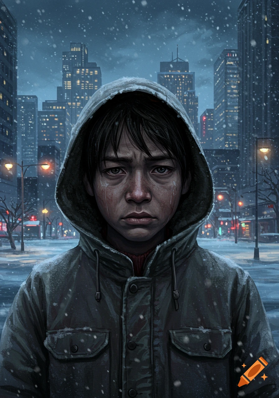A sad boy with tears on his face, wearing a hooded jacket, stands in a snowy city street at night.