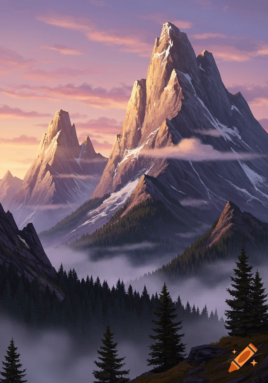 Majestic snow-capped mountains rise above a misty pine forest under a vibrant sunset sky.