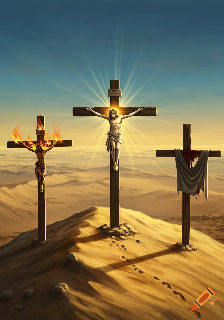 Three crosses on a desert hill at sunset, one with a burning figure, one with Jesus, and one with a bloody sheet.