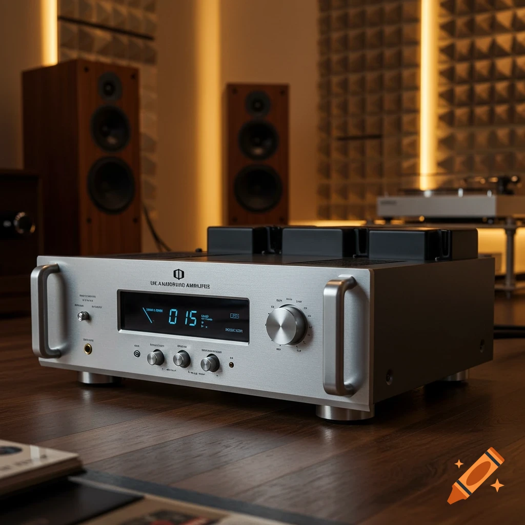 A close-up, photorealistic image of a silver audiophile amplifier with a digital display, knobs, and handles, sitting on a wooden floor in a room with two large speakers and soundproofing panels on the wall.