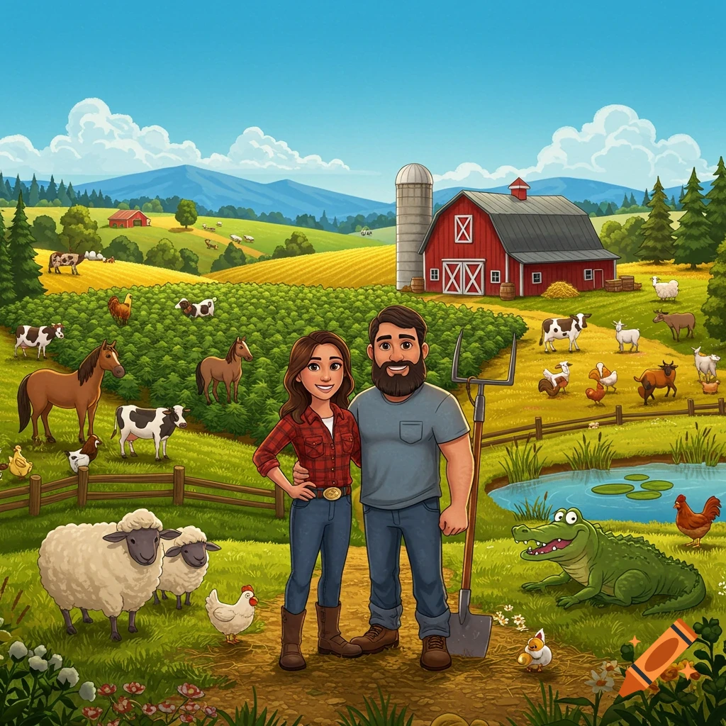Pixar-style cartoon of a farming couple standing proudly on a colorful homestead with fields, a red barn, and various animals including an alligator.