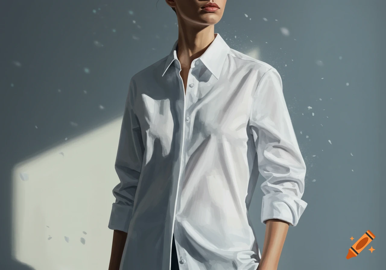 A woman in a white collared shirt stands with light casting shadows and specks, in a painterly style.
