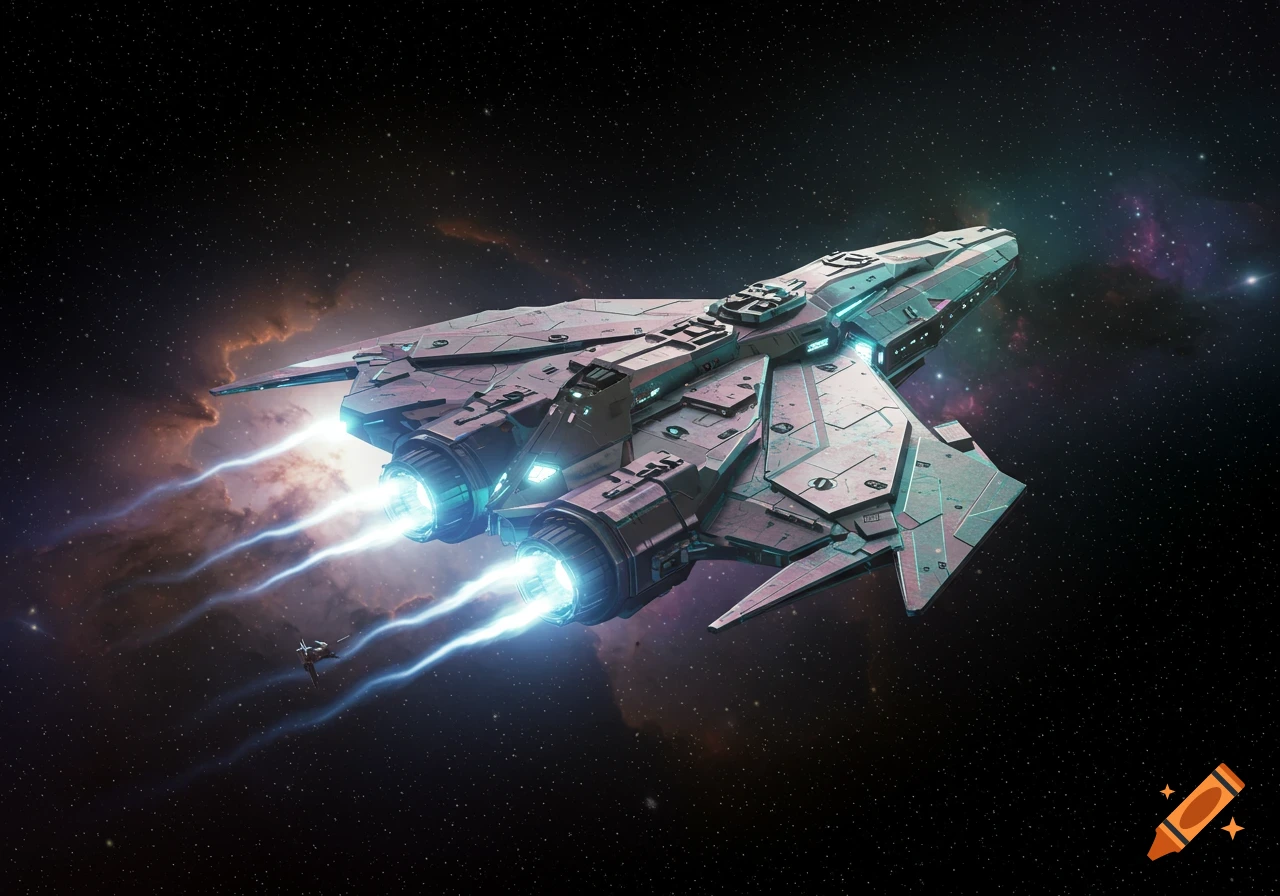 A large, detailed sci-fi spaceship with glowing blue engines flies through a star-filled nebula, with a tiny ship behind it.
