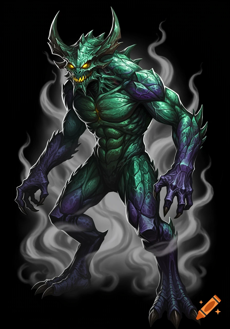 A fearsome green and purple horned demon monster with sharp claws and glowing yellow eyes, surrounded by smoke on a black background, in a digital painting style.