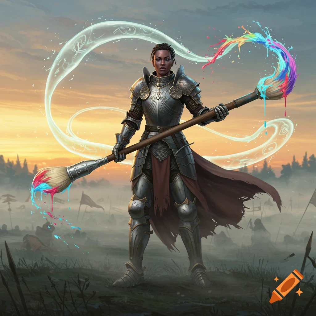 A female knight in full plate armor holds a giant paintbrush dripping with colorful paint, against a sunset battlefield background.