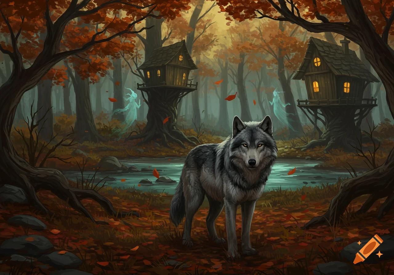 A grey wolf stands in a haunted autumn forest with glowing treehouses, a stream, and ethereal ghosts in this magical painting.