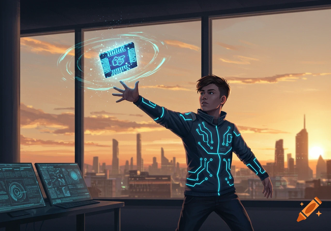 A young man in a glowing circuit jacket reaching for a floating computer chip in an office overlooking a city at sunset.