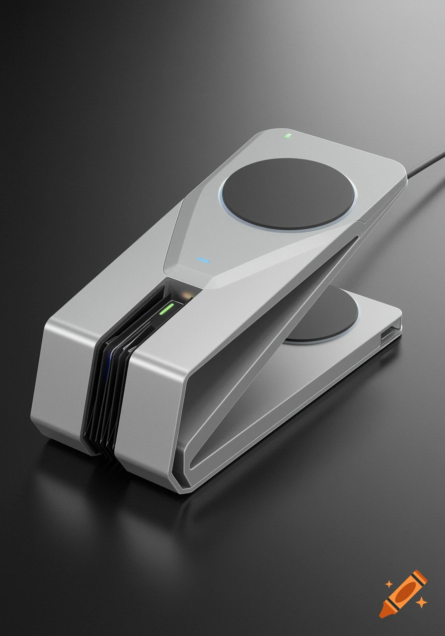 A sleek, silver dual phone MagSafe charger concept with an origami-inspired design, on a dark background.