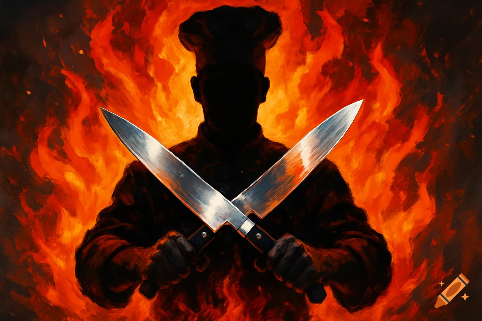 A silhouetted chef holds two crossed knives against a blazing fiery background, in a dramatic art style.