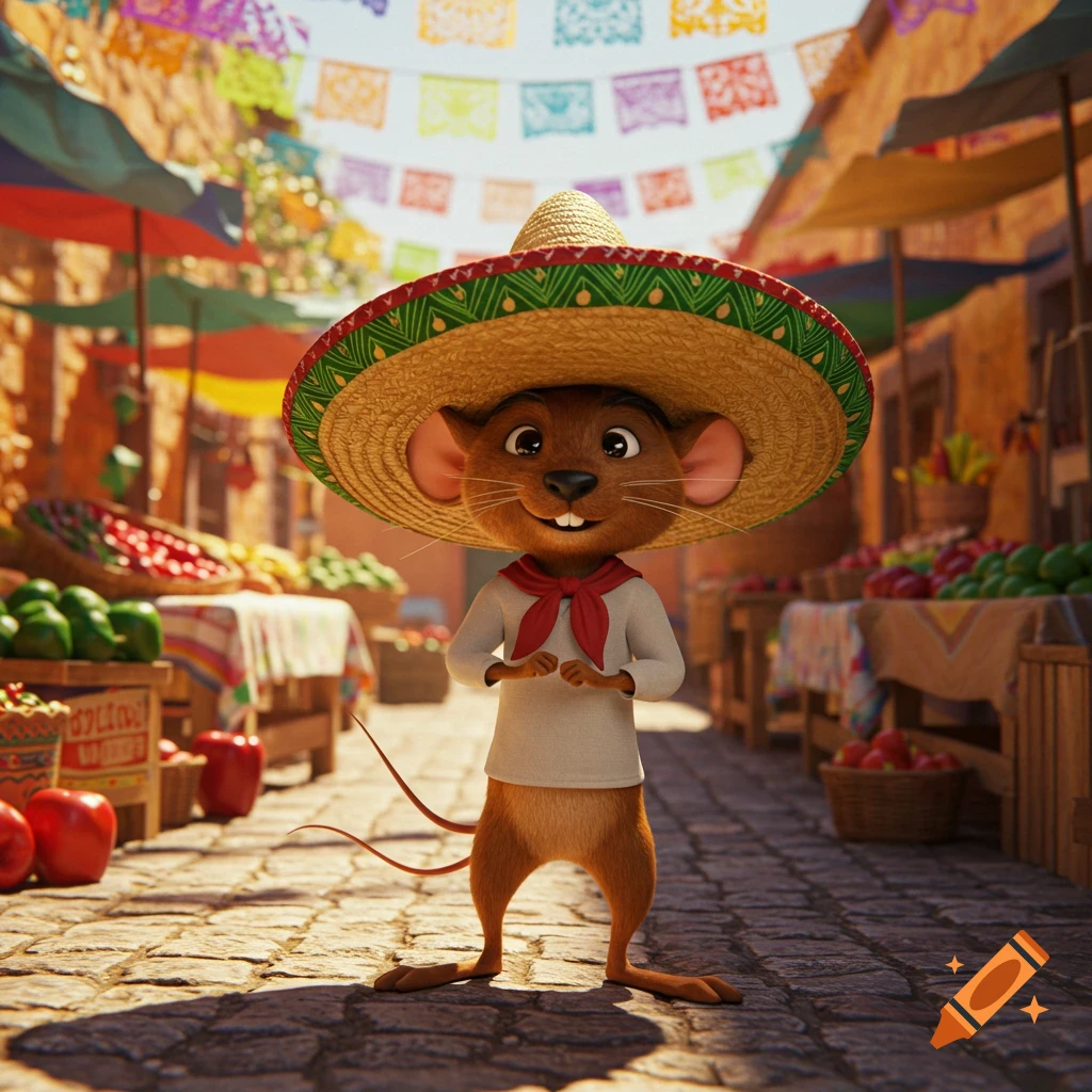 A cheerful animated mouse wearing a large sombrero and red bandana stands in a vibrant outdoor marketplace under festive banners.