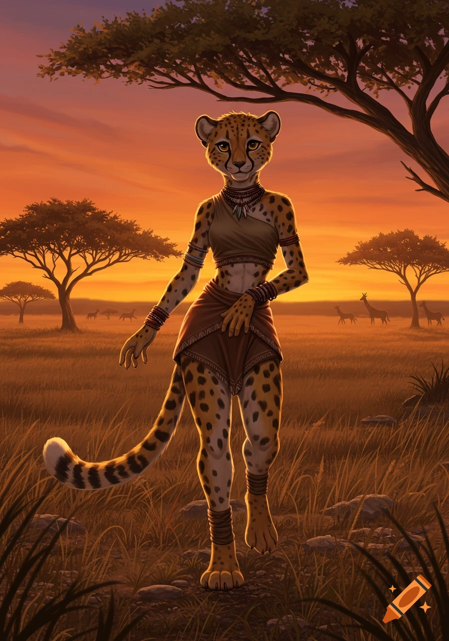 An anthropomorphic cheetah girl stands in a grassy savanna at sunset, surrounded by acacia trees.