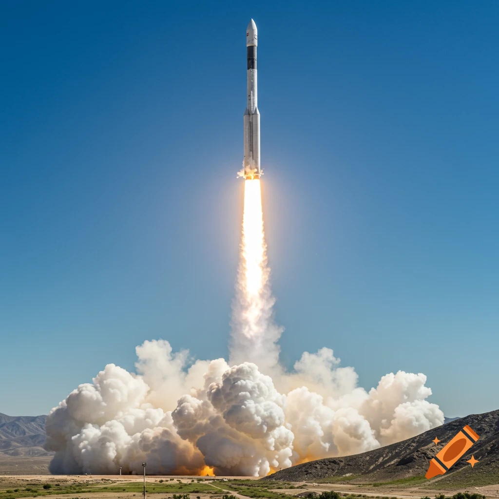 A powerful rocket launches with a fiery exhaust and massive white smoke cloud into a clear blue sky over a desert landscape.
