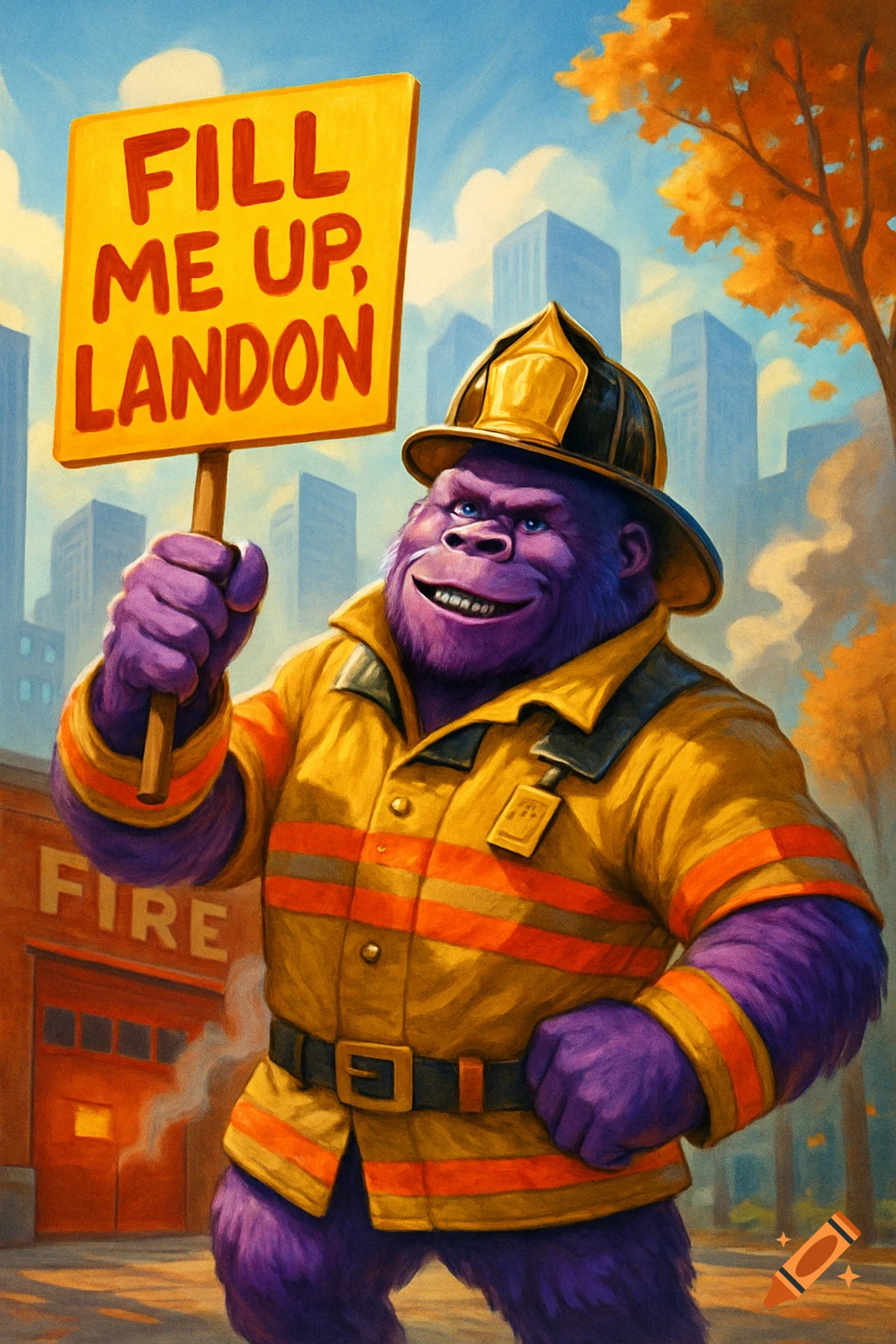 A purple gorilla dressed as a fireman holds a yellow sign that reads 'FILL ME UP, LANDON' in front of a fire station.
